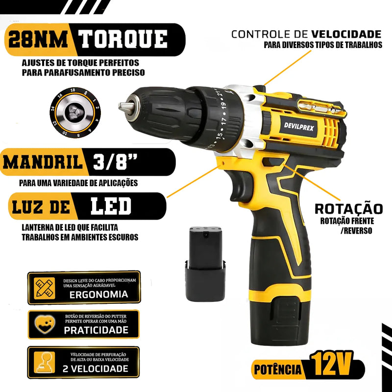 Kit Ferramentas 169 Peças com Parafusadeira Furadeira a Bateria 12V Sem Fio - Devilprex