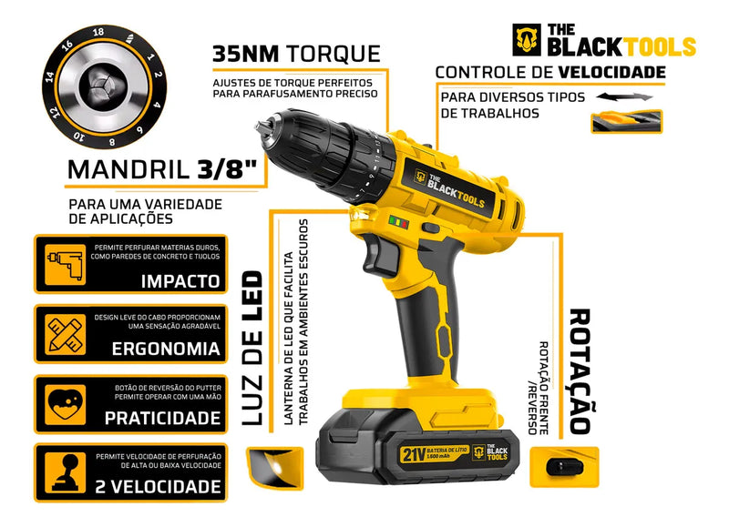 Parafusadeira Furadeira de Impacto 3/8" a Bateria 21V com Maleta - The Black Tools